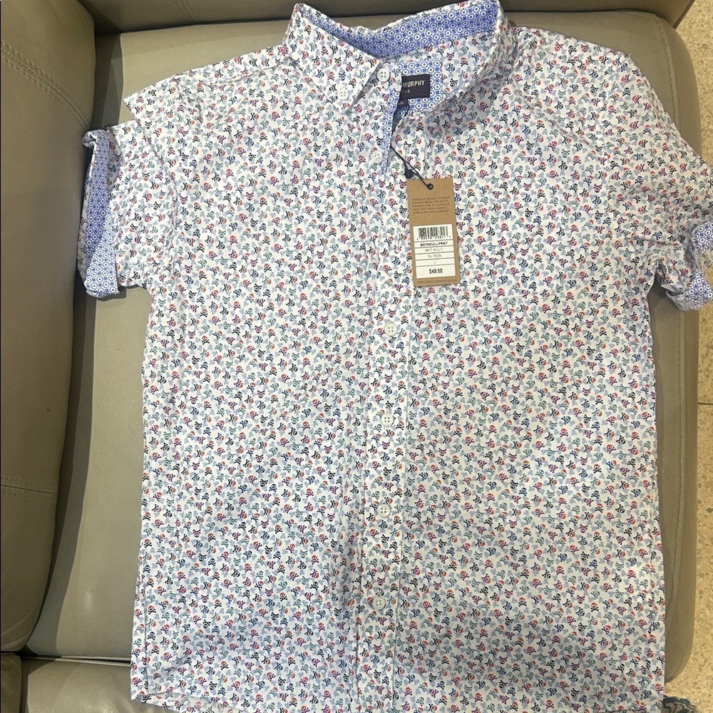 Johnston & Murphy White and Blue Skull Print Button Down Shirt